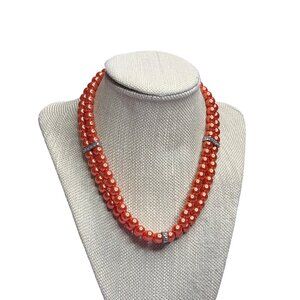 Orange Plastic Faux Pearl Necklace Silvertone Clear Rhinestones 15 - 17 inches